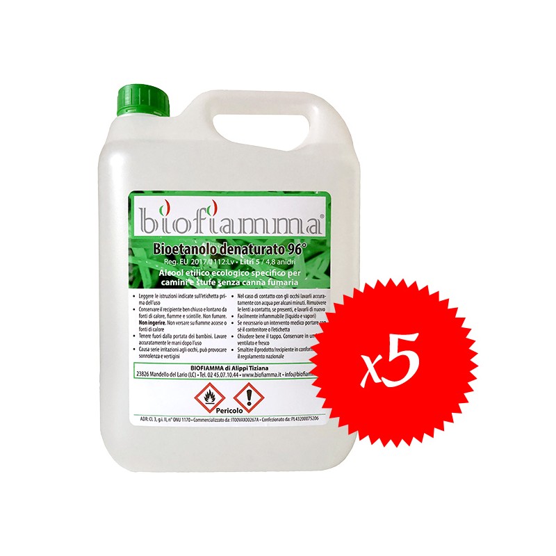Bioetanolo Biofiamma - Confezione di bioetanolo da 5 taniche da 5 litri c.u.